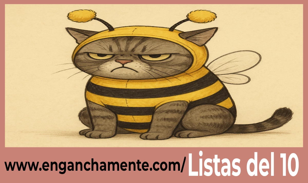 Los 10 disfraces más inútiles para un gato. Un lindo gatito, con cara muy seria de pocos amigos, disfrazado de abeja; rayas amarillas y negras, gorro con antenas y alitas.