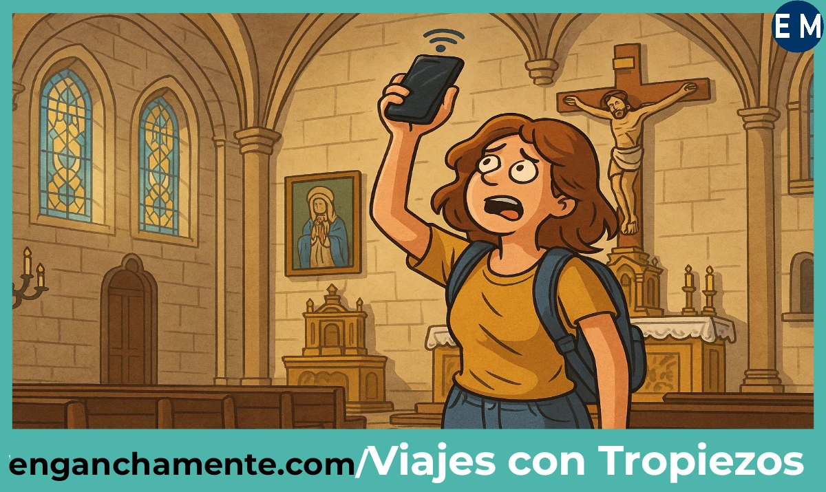 Lucía en Lisboa: se subió al tranvía equivocado. Lucía la protagonista con cara de por qué todo me pasa a mí, en mitad de una iglesia, buscando cobertura para el móvil.
