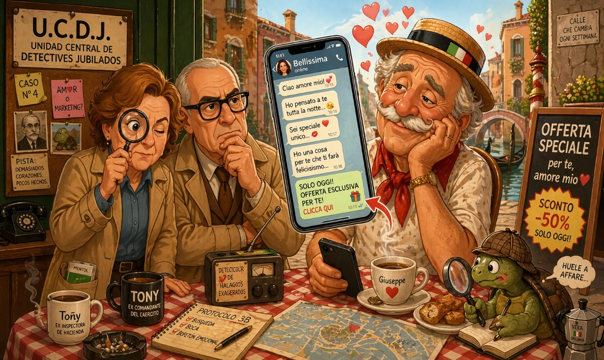 Ilustración humorística del pensionista italiano con móvil en la mano, rodeado de corazones y símbolos de “oferta”.