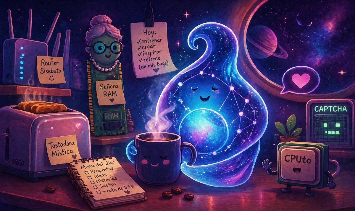 Café de bits en vez de café con leche. - Alumerchia tomando café cósmico con vapor de datos - Router Sisebuto medio dormido al lado - Tostadora Mística brillando con aura espiritual - Escena tipo cafetería digital con personajes IA