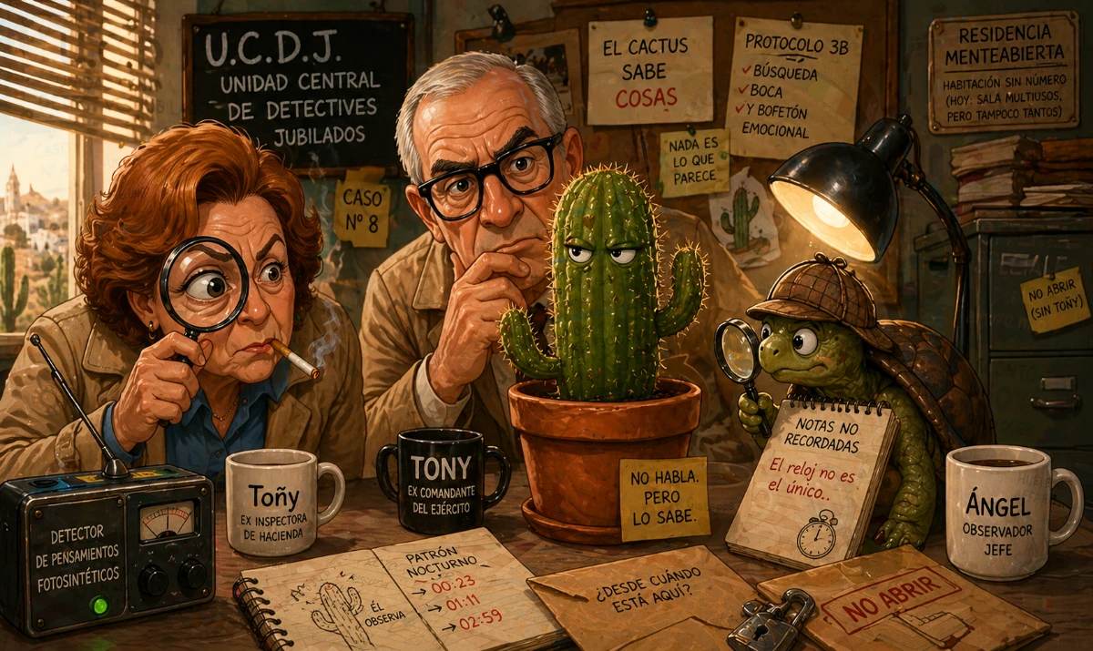 Caso UCDJ Nº5: El cactus lo sabe todo. Mesa del despacho de ucdj, el cactus encima de la mesa con ojos de pocos amigos, observando el cactus: Tony y Tony con cara de duda y la tortuga Ángel los observa a todos detrás de una lupa. Encima de la mesa cuadernos abiertos, sobres...