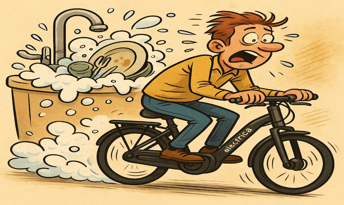 Ilustración humorística de alguien huyendo de un fregadero gigante montado en una bici eléctrica.
