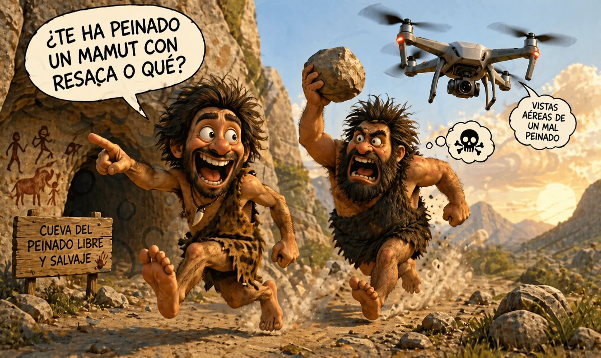 El primer chiste de la historia (y salió mal). - Cavernícola señalando el peinado de otro (tono cómico) - Escena de persecución con piedra exagerada - Dron moderno sobrevolando una cueva (contraste humorístico)