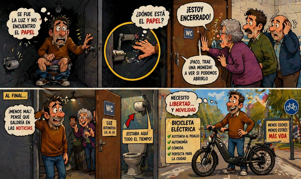 Viñeta costumbrista de gente intentando abrir la puerta desde fuera mientras una señora da instrucciones.