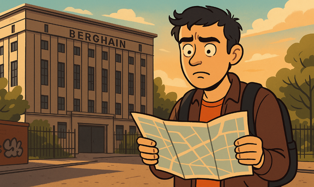 Gustavo en Berlín (y no fue el techno). Gustavo frente al Berghain, confundido, con un mapa al revés y cara de “¿y ahora qué?”.