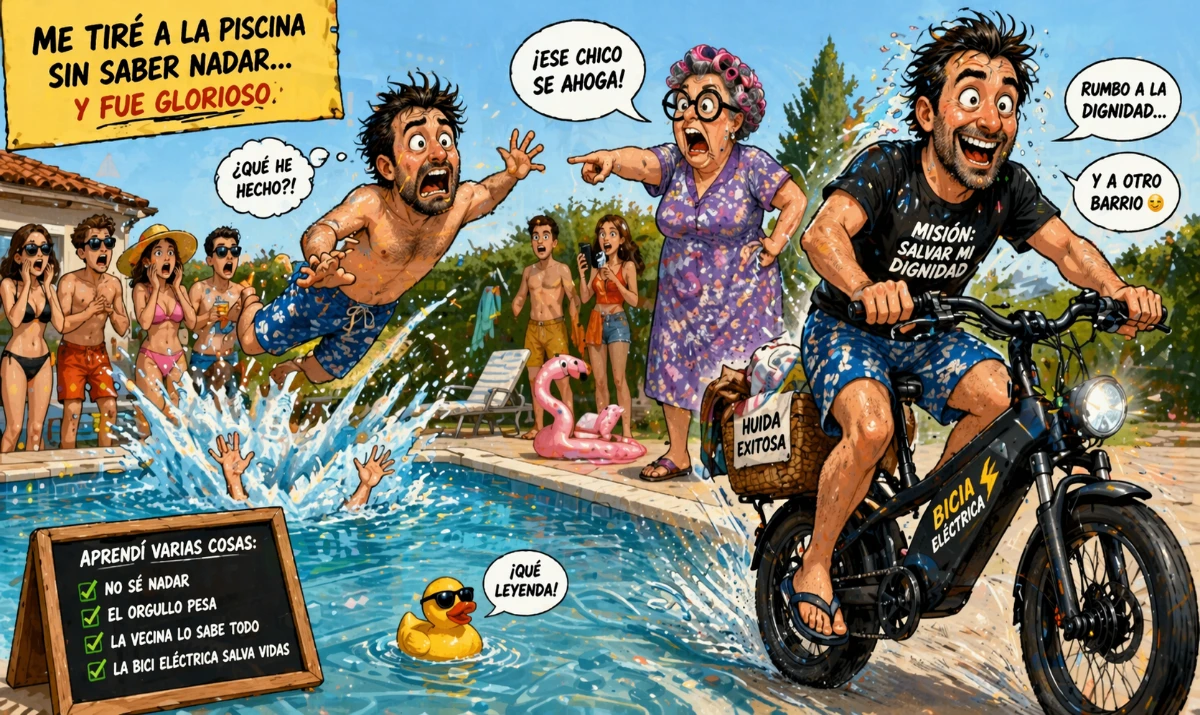 Me tiré sin saber nadar… y salí vivo. Persona saltando torpemente a una piscina con cara de pánico. Vecina mirando desde el borde exageradamente alarmada. Escape en bicicleta eléctrica con ropa mojada y cara de dignidad fingida.