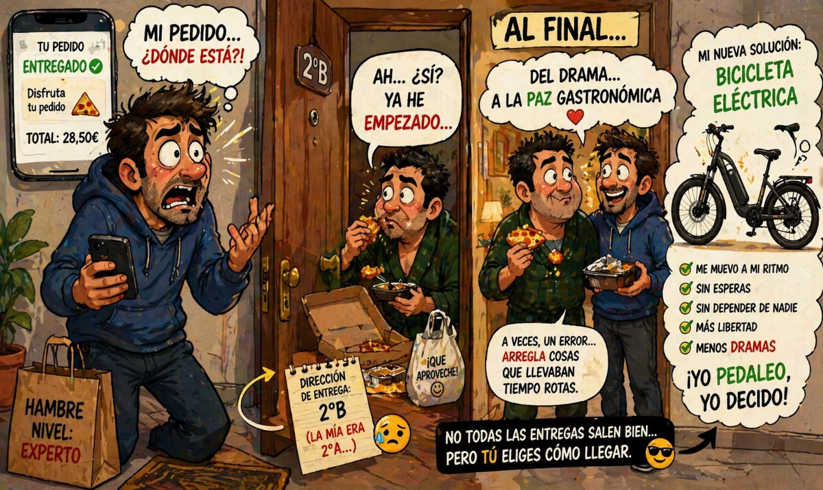 Pedido perdido en casa del vecino - Vecino comiendo con cara de “ups” - Protagonista en el rellano con cara de tragedia - Escena compartiendo comida incómodamente - Contraste final con bici eléctrica como escape