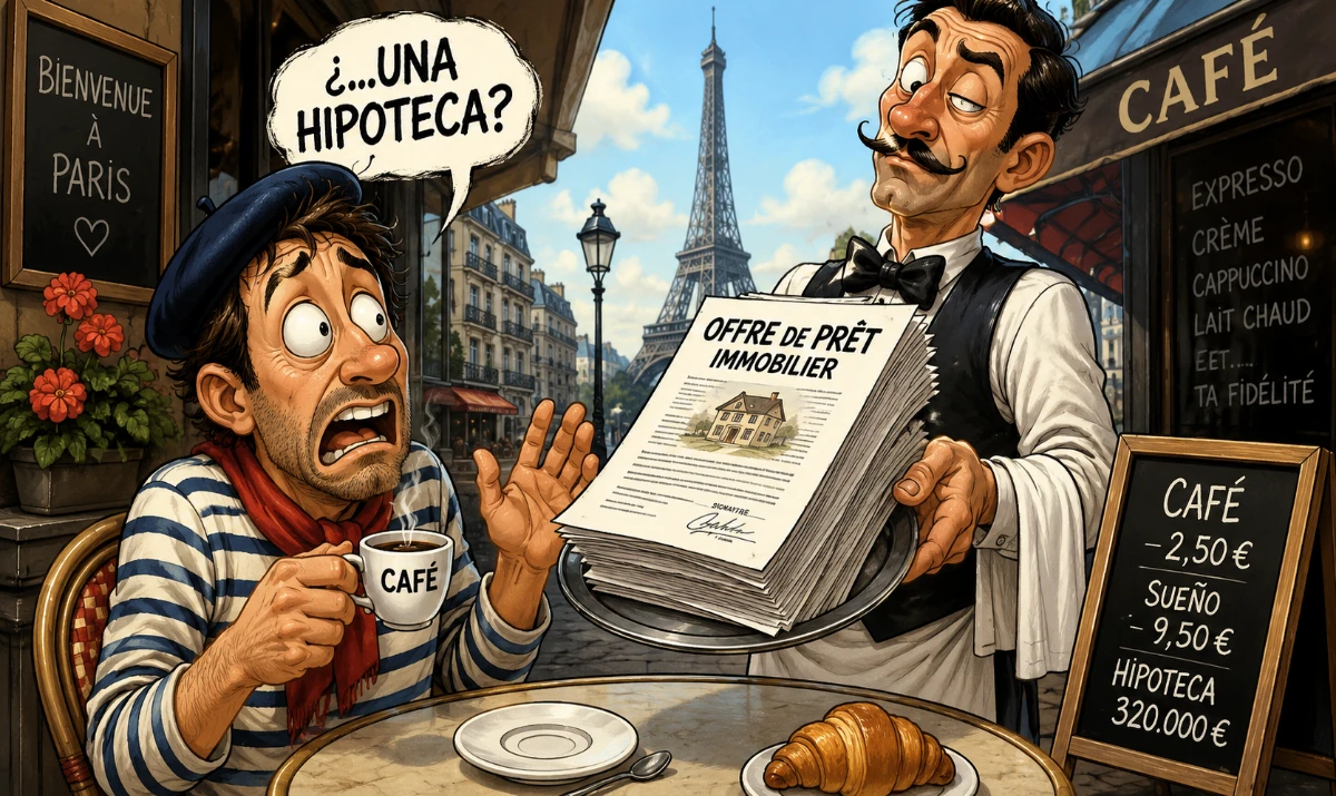 Tony en París: pidió un café y le sirvieron una hipoteca. Tomando una taza diminuta de café en frente a la Torre Eiffel. Un camarero elegante sosteniendo la bandeja con la cuenta, con sonrisa demoníaca.
