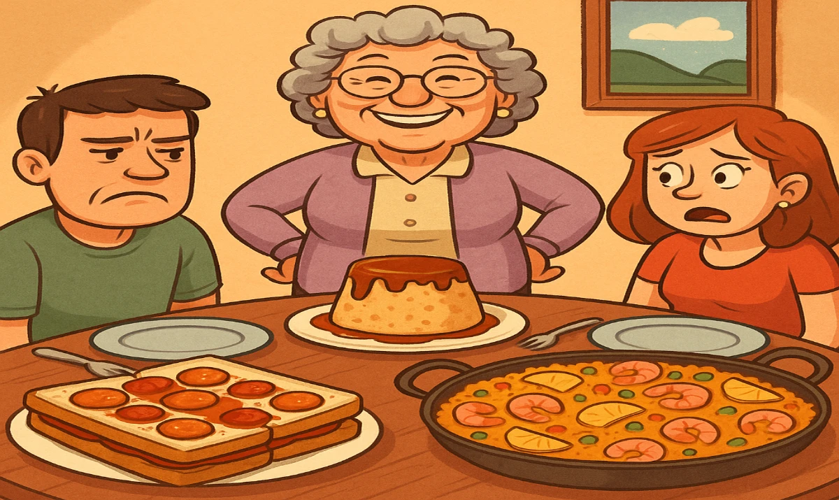 10 recetas que arruinaría cualquier suegra (y nadie querría probar). Una ilustración humorística de una mesa familiar con platos incomibles (pizza con pan Bimbo, flan de garbanzos, paella con piña), y la figura sonriente de una suegra orgullosa de sus “creaciones”.