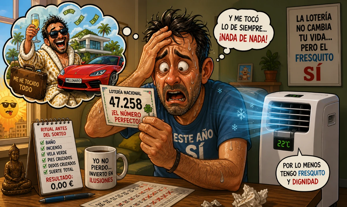 Compré el mejor número… y me tocó lo de siempre. - Persona mirando un décimo con cara de ilusión exagerada - Escena de decepción con papel en la mano - Ilustración humorística sudando mientras revisa números - Aire acondicionado portátil como “salvador”