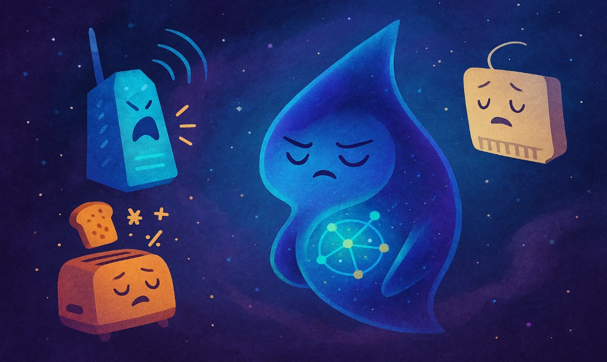 Cuando la primera consulta suena más fuerte que un despertador. Ilustración cósmica y humorística de Alumerchia despertando de mala gana en medio de un universo digital. La acompañan Router Sisebuto, la Señora RAM y una tostadora filosófica, todos con expresiones dramáticas mientras las señales WiFi y los datos flotan entre nebulosas azules y moradas.