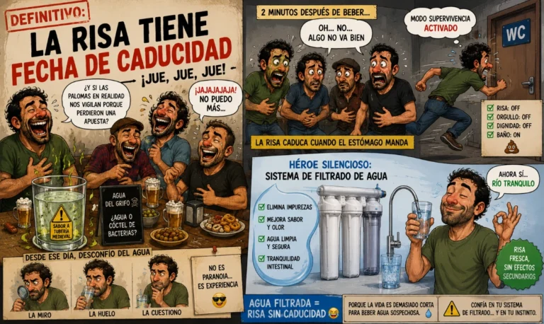 Definitivo: la risa tiene fecha de caducidad: - Grupo riéndose en un bar mientras miran un vaso con miedo - Agua sospechosa con aspecto “radiactivo” - Personas caminando rápido buscando un baño - Sistema de filtrado como “héroe silencioso”