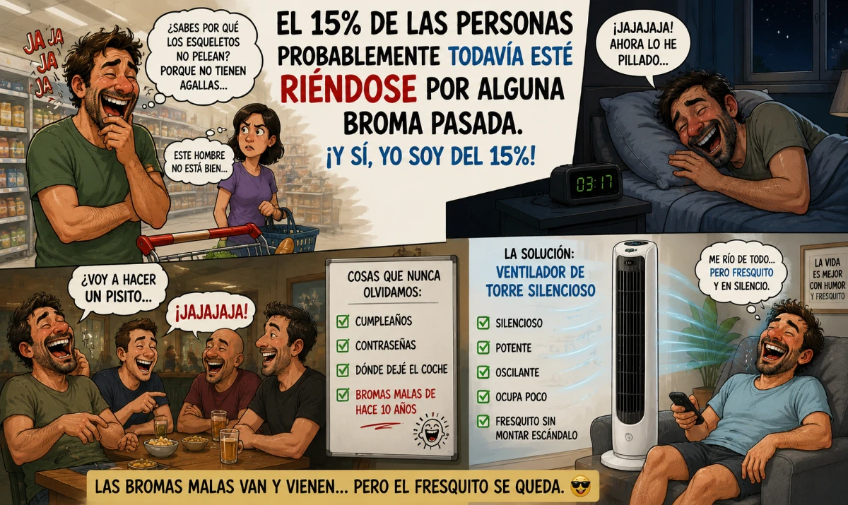 El 15% sigue riéndose de una broma antigua - Persona riéndose sola en un supermercado - Escena nocturna riéndose en la cama - Ventilador silencioso mientras alguien se ríe sin control - Grupo de amigos recordando una tontería absurda