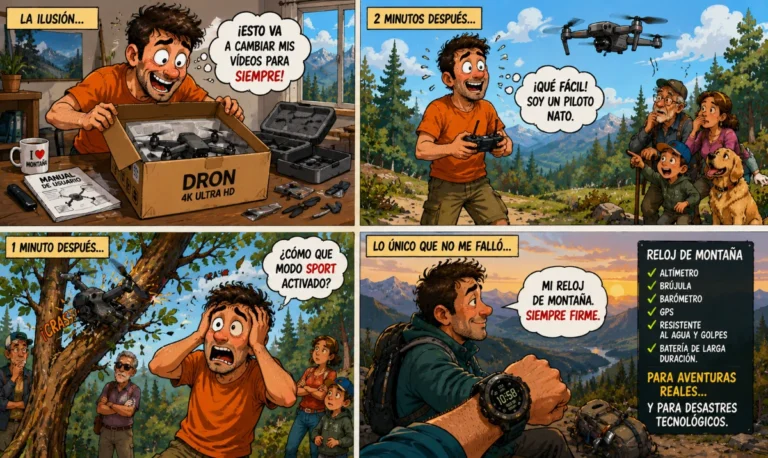 El dron duró menos que la emoción: - Hombre orgulloso con dron nuevo segundos antes del desastre. - Dron atrapado en un árbol mientras vecinos observan. - Niño ayudando al protagonista con cara de experto tecnológico. - Contraste entre aventura soñada y realidad ridícula. - Reloj de montaña destacando como el único objeto fiable de toda la escena.