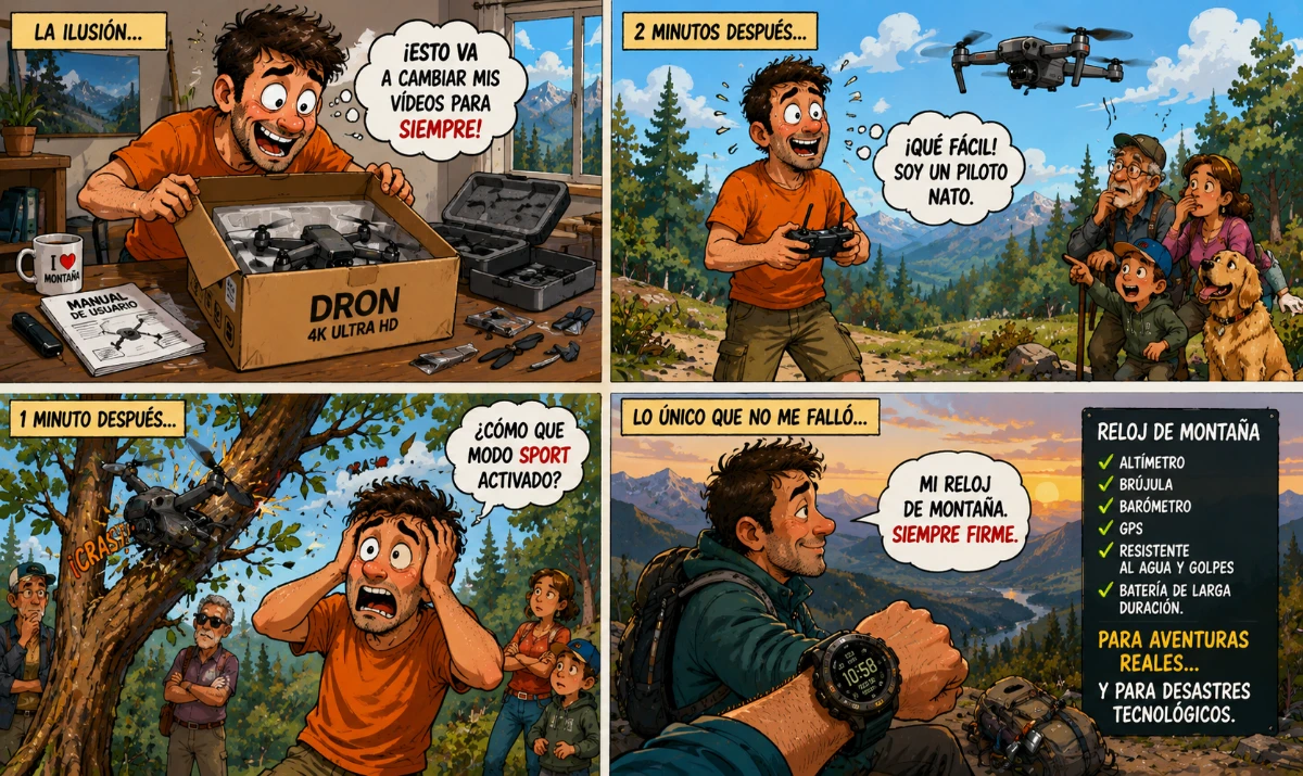 El dron duró menos que la emoción: - Hombre orgulloso con dron nuevo segundos antes del desastre. - Dron atrapado en un árbol mientras vecinos observan. - Niño ayudando al protagonista con cara de experto tecnológico. - Contraste entre aventura soñada y realidad ridícula. - Reloj de montaña destacando como el único objeto fiable de toda la escena.