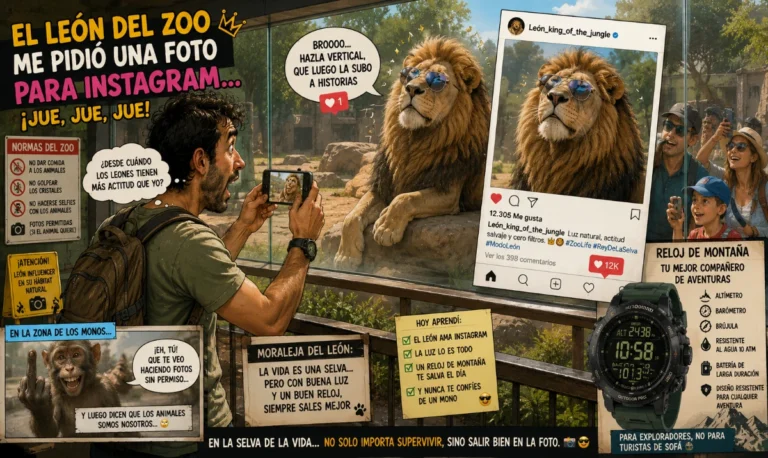 El león del zoo me pidió una foto para Instagram: - León posando frente al cristal como influencer - Turistas haciéndose selfies absurdos - Persona sudando en el zoo mirando el reloj - León con actitud de modelo profesional