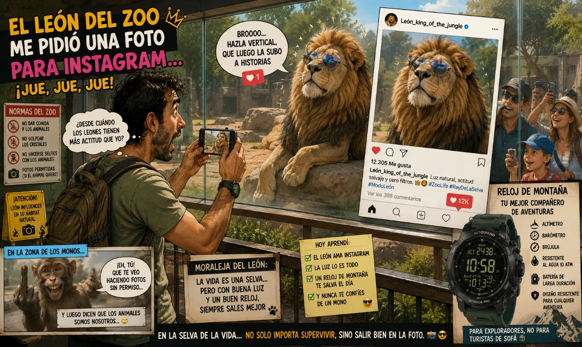 El león del zoo me pidió una foto para Instagram: - León posando frente al cristal como influencer - Turistas haciéndose selfies absurdos - Persona sudando en el zoo mirando el reloj - León con actitud de modelo profesional