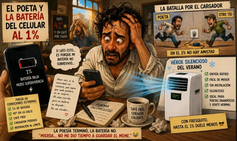 El poeta y la batería del celular al 1%: - Hombre mirando el móvil con cara dramática - Cafetería calurosa y caótica - Móvil marcando 1% en primer plano - Aire acondicionado portátil “salvando” la escena