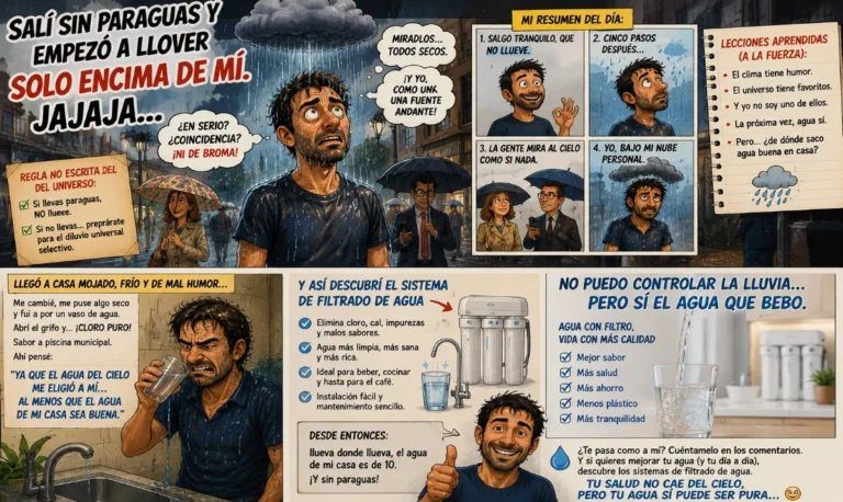 La lluvia me eligió a mí. - Un hombre mojado mientras todos siguen secos alrededor. - Una nube pequeña persiguiendo solo a una persona. - Escena absurda con lluvia selectiva en mitad de una calle soleada. - Un vaso de agua cristalina como “final feliz” después del caos.