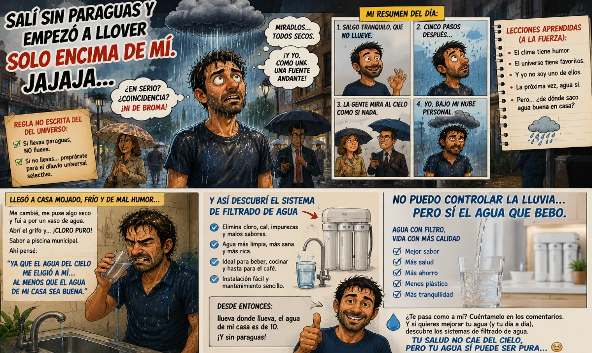 La lluvia me eligió a mí. - Un hombre mojado mientras todos siguen secos alrededor. - Una nube pequeña persiguiendo solo a una persona. - Escena absurda con lluvia selectiva en mitad de una calle soleada. - Un vaso de agua cristalina como “final feliz” después del caos.