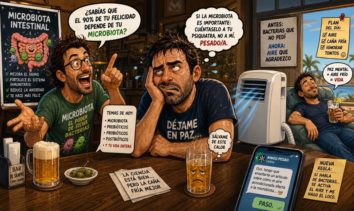 La microbiota no paga mis cañas. - Un amigo dando la turra mientras otro suda desesperado. - Una cerveza caliente con cara triste. - Una persona feliz bajo aire acondicionado mientras ignora mensajes.