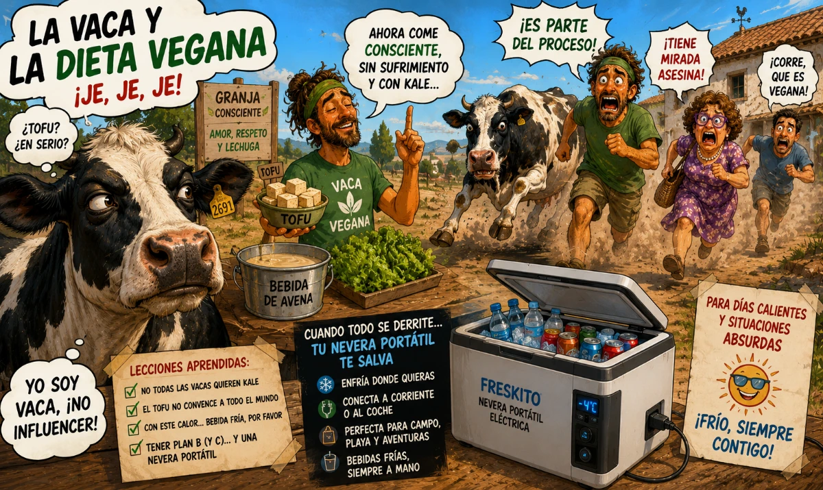 La vaca vegana me miró mal: - Una vaca mirando tofu con expresión de traición existencial. - Gente corriendo por el campo perseguida por una vaca. - Una nevera portátil abierta llena de bebidas frías bajo el sol. - Escena rural absurda con calor exagerado y caos manchego.