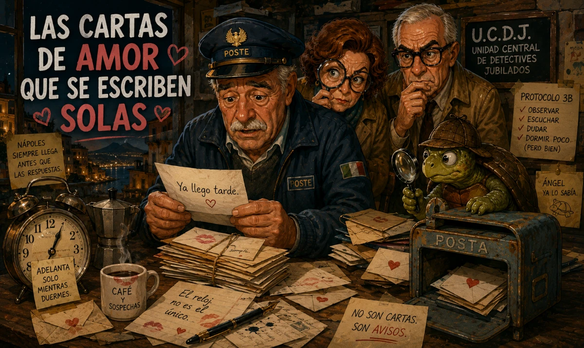 Las cartas de amor que se escriben solas: - Cartero italiano leyendo una carta bajo luz cálida nocturna. - Sobres antiguos acumulados sobre mesa de cocina. - Ángel la tortuga observando un buzón. - Carta recién escrita con tinta aún húmeda. - Ambiente napolitano melancólico y cómico.