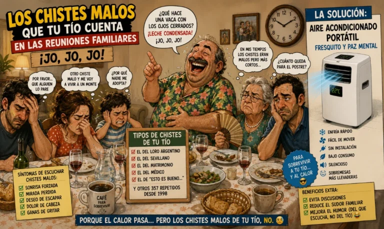 Los chistes malos que tu tío cuenta: - Tío riéndose solo en una sobremesa familiar - Familia agotada escuchando chistes malos - Persona sudando mientras escucha bromas - Aire acondicionado portátil como “salvador”