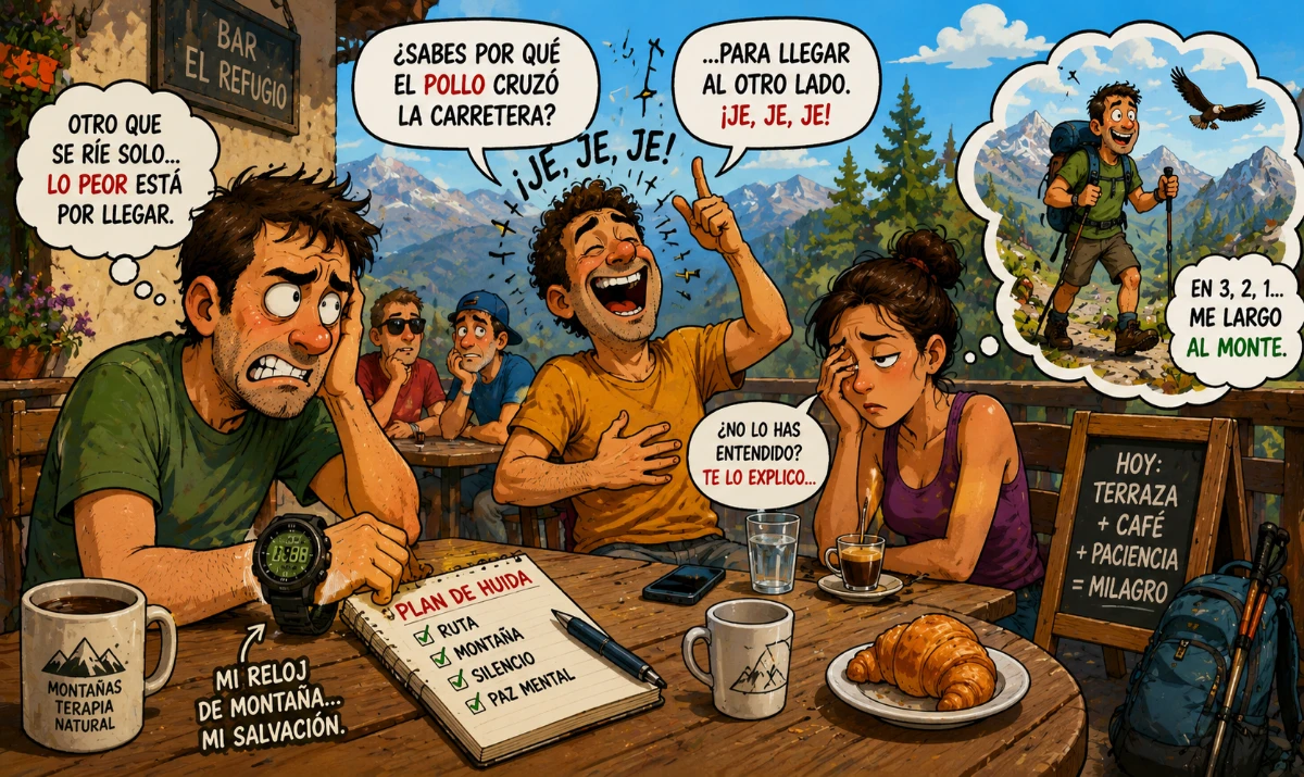 Los que explican sus propios chistes: - Hombre atrapado escuchando un chiste larguísimo en una terraza. - Personaje riéndose solo mientras el resto mira con dolor. - Escena exagerada de explicación absurda con gestos teatrales. - Protagonista mirando un reloj de montaña soñando con huir al monte.