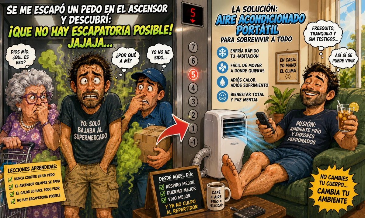 Un pedo un ascensor y cero escapatoria: - Un ascensor lleno de gente poniendo caras sospechosas. - Un hombre sudando mientras mira el panel del ascensor. - Una nube verdosa absurda entrando en escena. - Un salón fresquito con aire acondicionado y cara de alivio extremo.