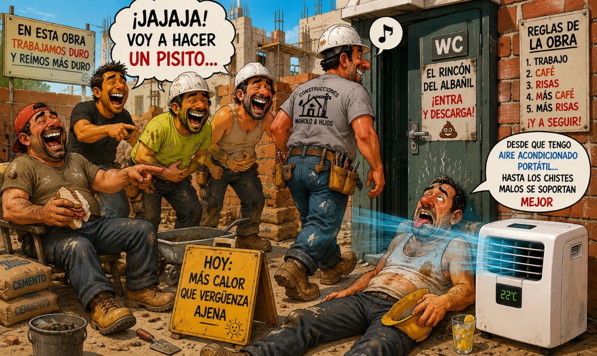 “Voy a hacer un pisito”… y otras frases de albañil: - Albañiles riéndose exageradamente en una obra - Obrero entrando al baño con cara orgullosa - Escena de calor extremo con casco y sudor - Aire acondicionado portátil “salvando” a alguien derretido
