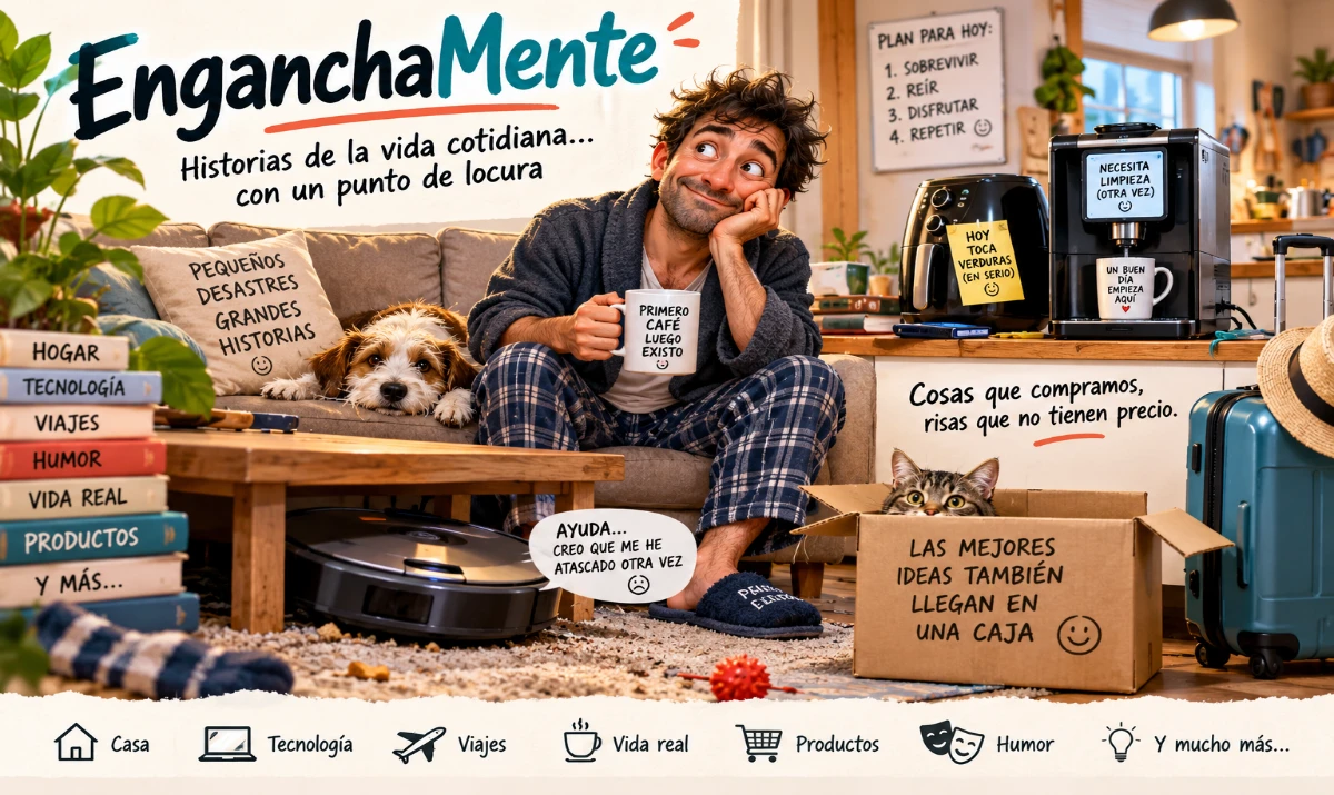 Esto es EnganchaMente. Humor cotidiano y vida real en EnganchaMente. Ilustración horizontal de una escena doméstica ligeramente caótica: robot aspirador atrapado, cafetera encendida, persona observando la escena con resignación y humor.