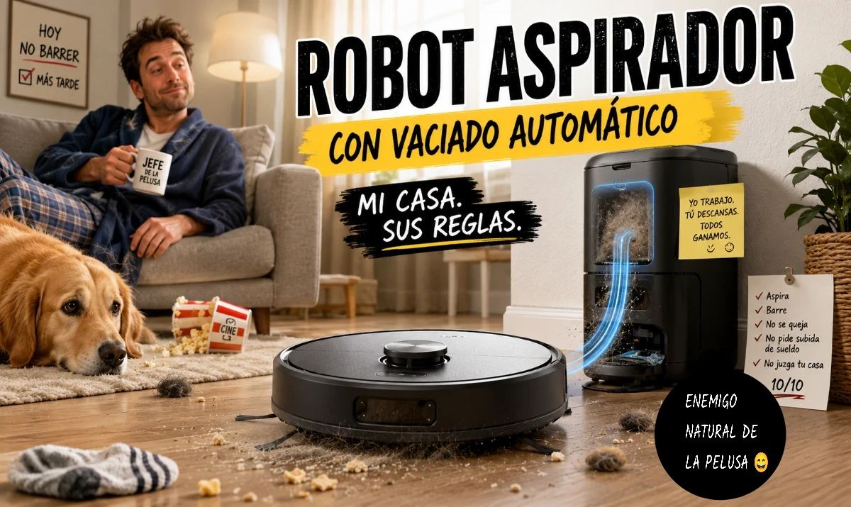 Robot aspirador vaciado automático: guía real y divertida: - Robot aspirador atrapado con un calcetín debajo de una mesa. - Hombre mirando el robot como si fuera un héroe doméstico. - Salón caótico con el robot limpiando tranquilamente. - Perro observando al robot como a un enemigo silencioso. - Pelusas gigantes debajo de un sofá mientras el robot entra “valiente”.